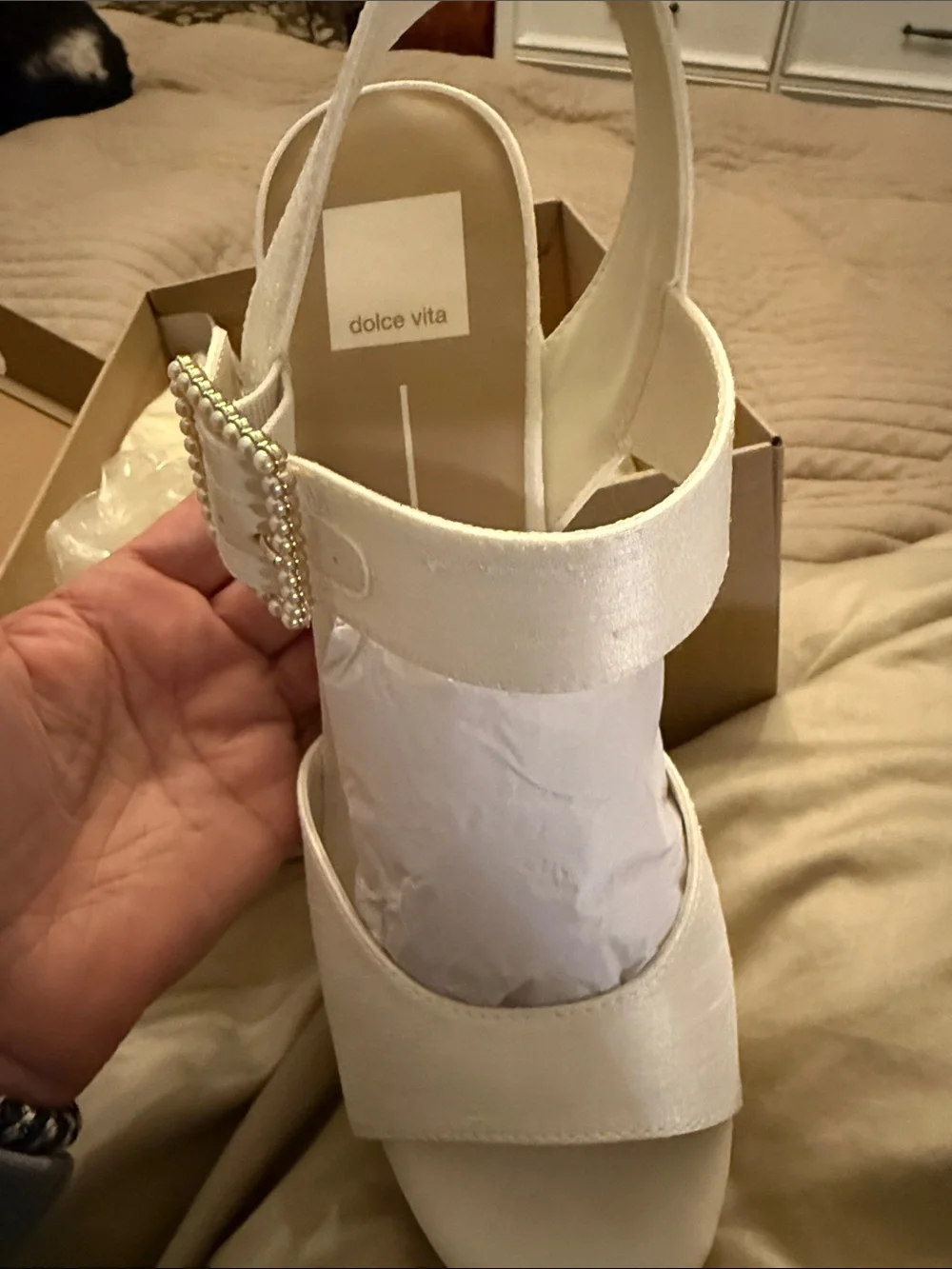 Dolce Vita Cream Pearl-Buckle Platform Sandals